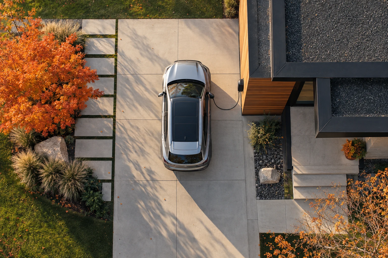 An overhead view of an electric vehicle charging beside a modern home and autumn garden