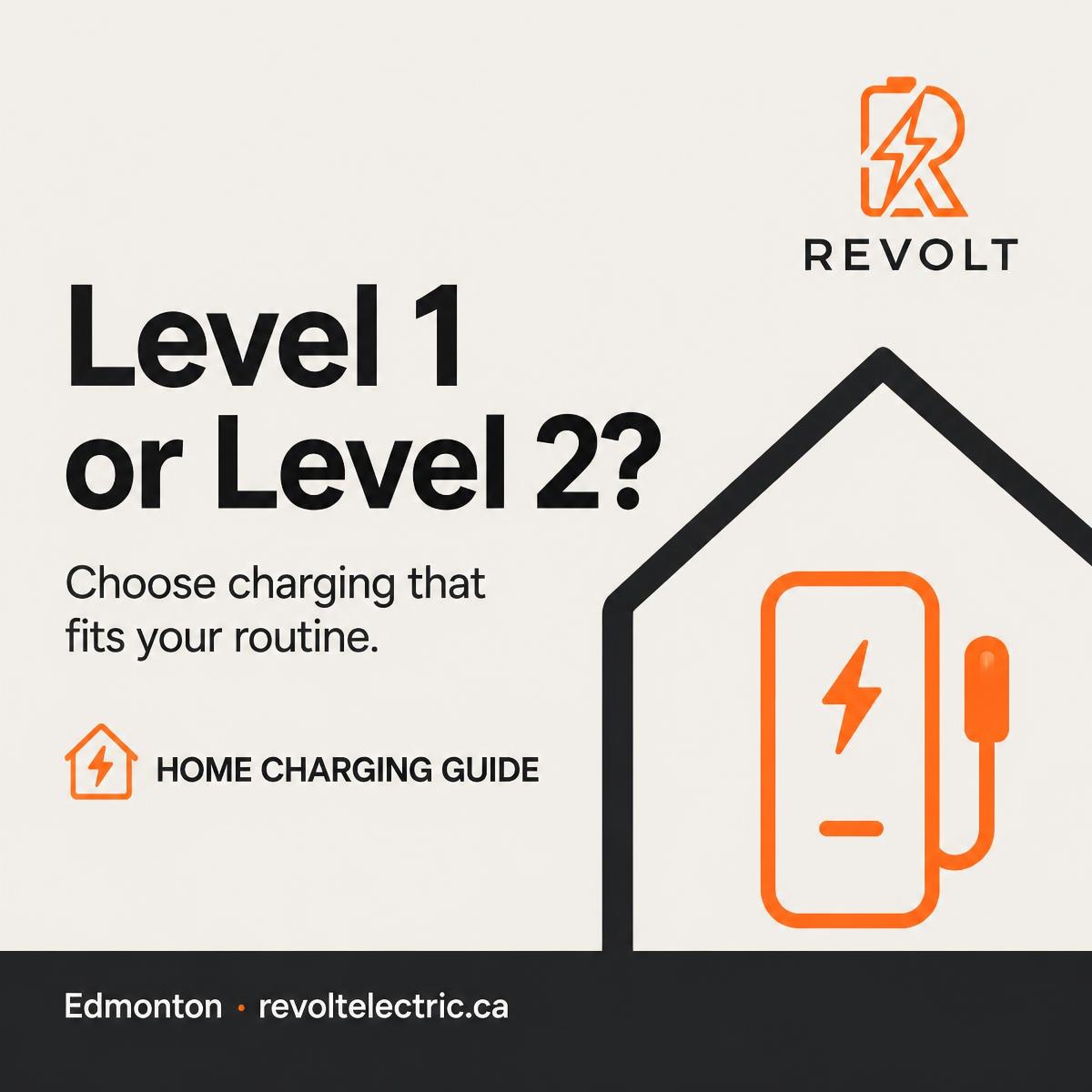 Illustrated Revolt guide cover asking whether Level 1 or Level 2 home charging fits your routine.