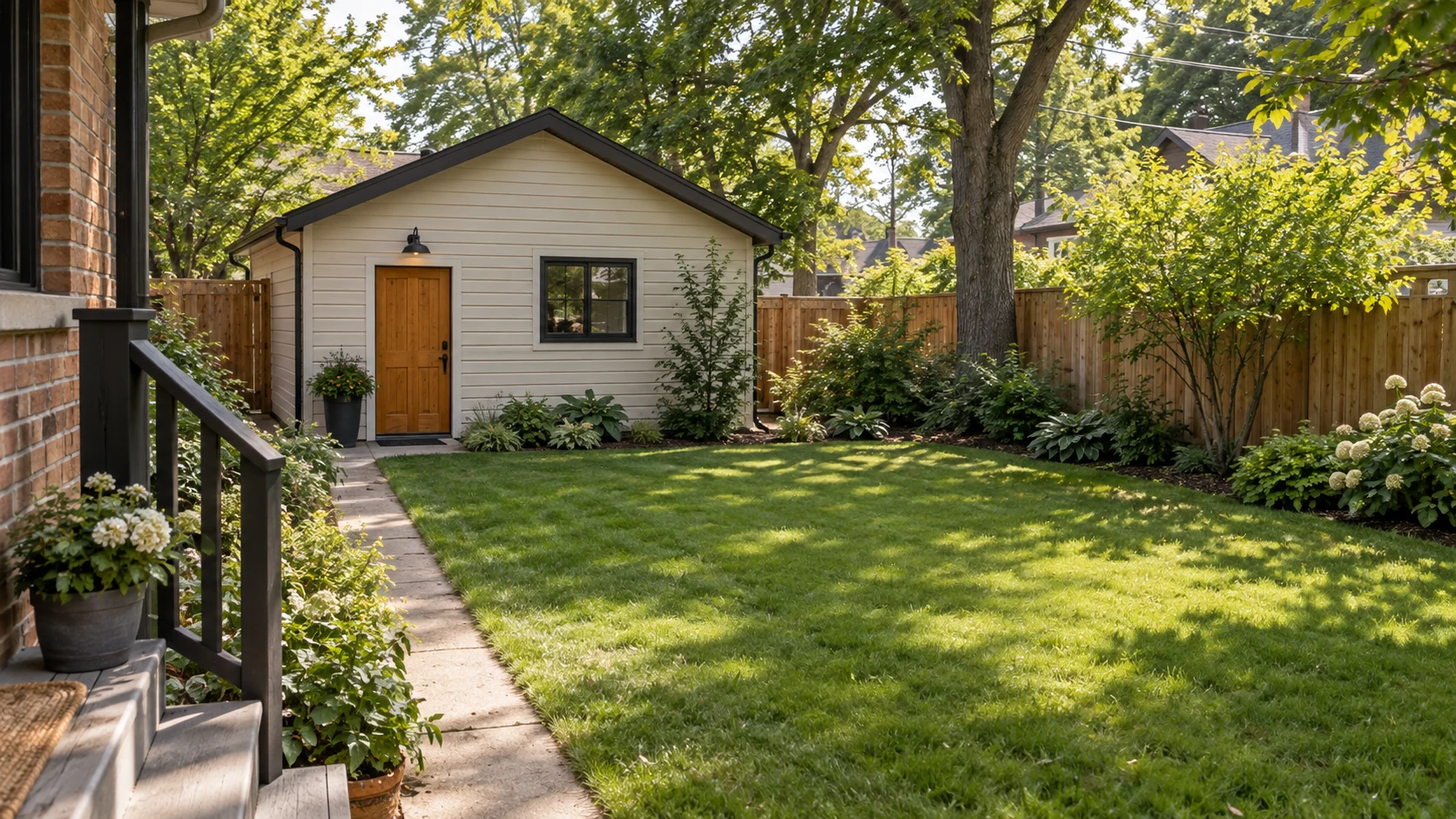 Illustrative backyard view of a detached garage