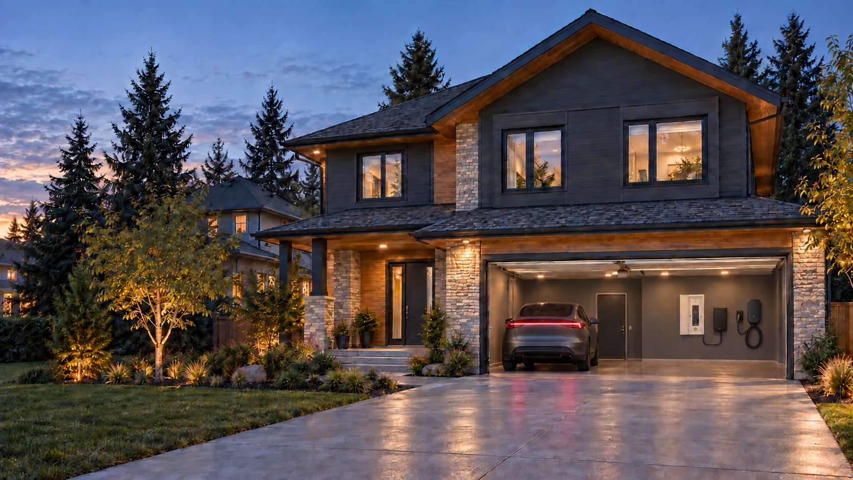 Illustrative home with an open garage, electric vehicle and charging equipment